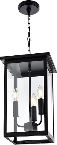 QueeuQ Lámpara colgante de 3 luces para interiores, lámpara negra para exteriores, lámpara colgante exterior con pantalla de vidrio transparente,