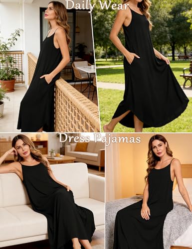 Image of SWOMOG Women Long Nightgown Pajama Dress Soft Strap Nightdress Summer Sleeveless Nightshirt Lounge Dress with Pockets