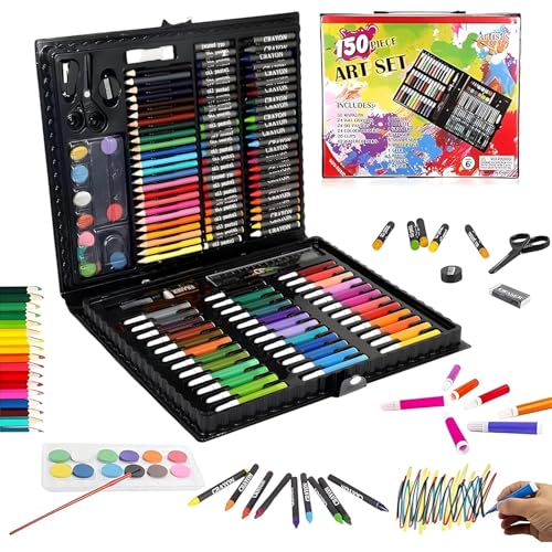 Image of FIRSTMILE 150 Pieces Art Set for Kids with Case, Art and Craft Supplies Kit for Drawing and Painting, Color Set with Markers, Water Colors, Brush, Color Pencils, Crayons (Pack of 1, Black)