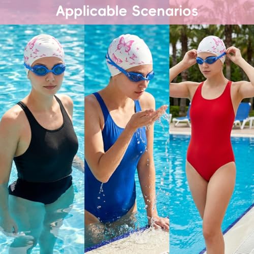 Image of Proberos Swimming Cap for Women & Girls, Waterproof Silicone, Pressure-Free Fit Swim Cap, Long Hair Swimming Head Cap, Wrinkle-Free Women Swim Pool Cap for Long Hair, Butterfly Prints