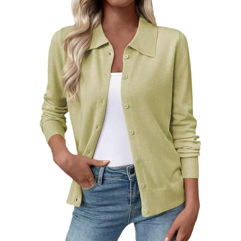 Cárdigan de punto con cuello polo y botones manga larga casual para mujer en verde hierba talla S