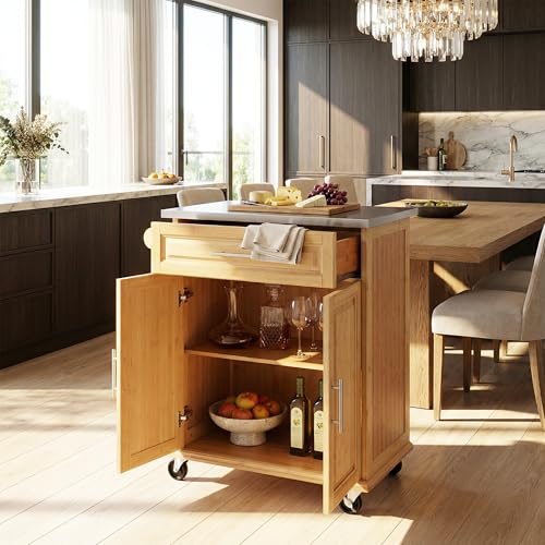 Christopher Knight Home ZAH Bamboo Rolling Cart with Drawers, Kitchen Bar Cart on Wheels with Stainless Steel Top, Mobile Rolling Kitchen Cart Storage Cabinet, Serving Cart, 29.13'' x 18.5'', Natural by Christopher Knight Home - Image 4