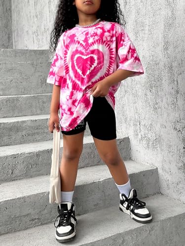 Girl's Heart Print Tie Dye T Shirt Crew Neck Short Sleeve Tees Casual Summer Tops Trendy3