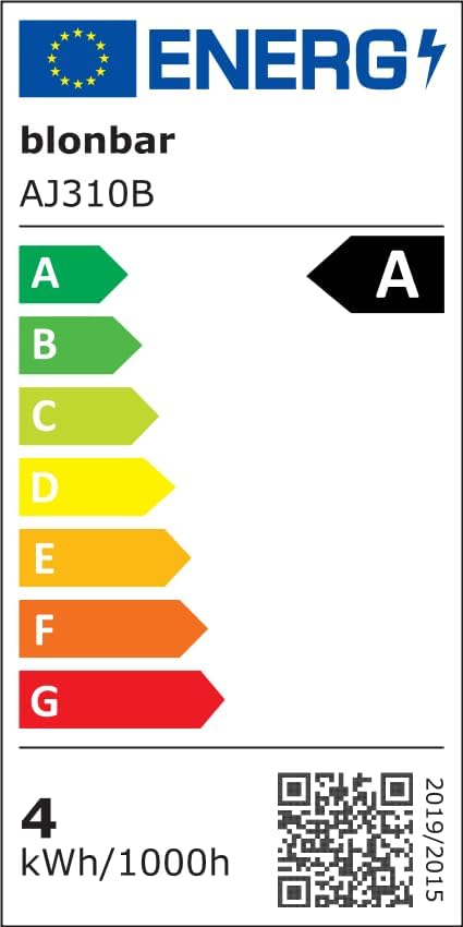 EU Energy Label for blonbar AJ310B, showing energy efficiency class A and 4 kWh/1000h consumption.