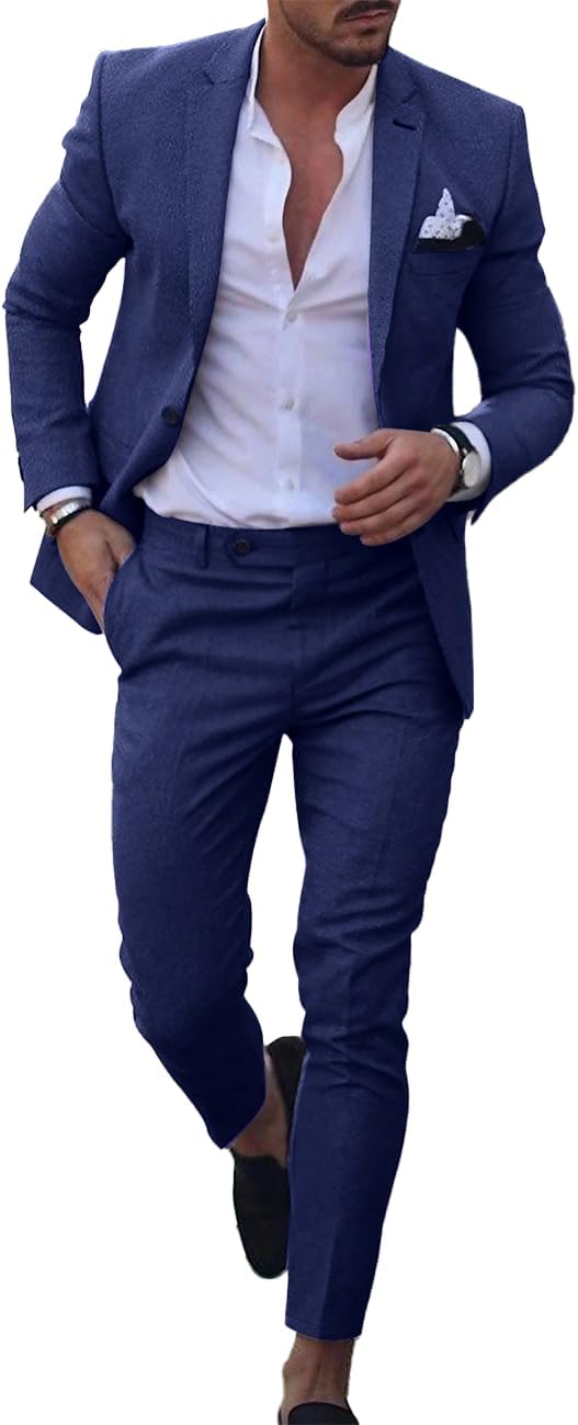 UNINUKOO Mens 2 Piece Suit Linen Summer Top Blazer Pants Sets Beach Wedding Wear Vacation Prom Suits for Men