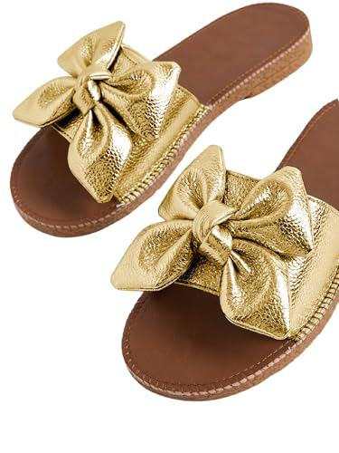 Image of Verdusa Women's Bow Flat Sandals Leather Open Toe Flats Summer Vacation Shoes Beach Sandals Outdoor Slippers
