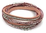 Maße: 40 cm x 1,5 cm Elegantes Wickelarmband mit komfortablem Magnetverschluss im Metallic-Look Damen Arm-Kettchen bracelet Perlen Strass Glitzer pink rosa