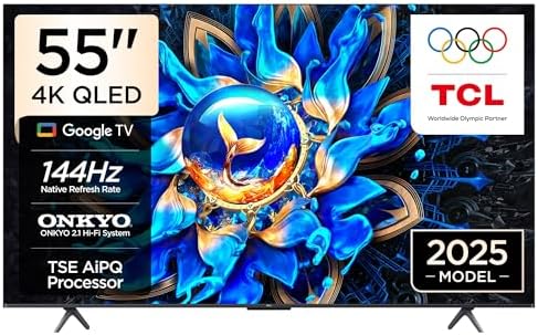 TCL 55 inç Akıllı TV 55T8C 4K QLED Renkli Quantum Crystal HDR10+ Oyun Google TV, 144Hz Doğal Yenileme Hızı, ONKYO 2.1 Hi-Fi Ses Sistemi, Dolby Atmos, DTS Virtual X, MEMC, Game Master (2025 Modeli) — Amazon ürün görseli