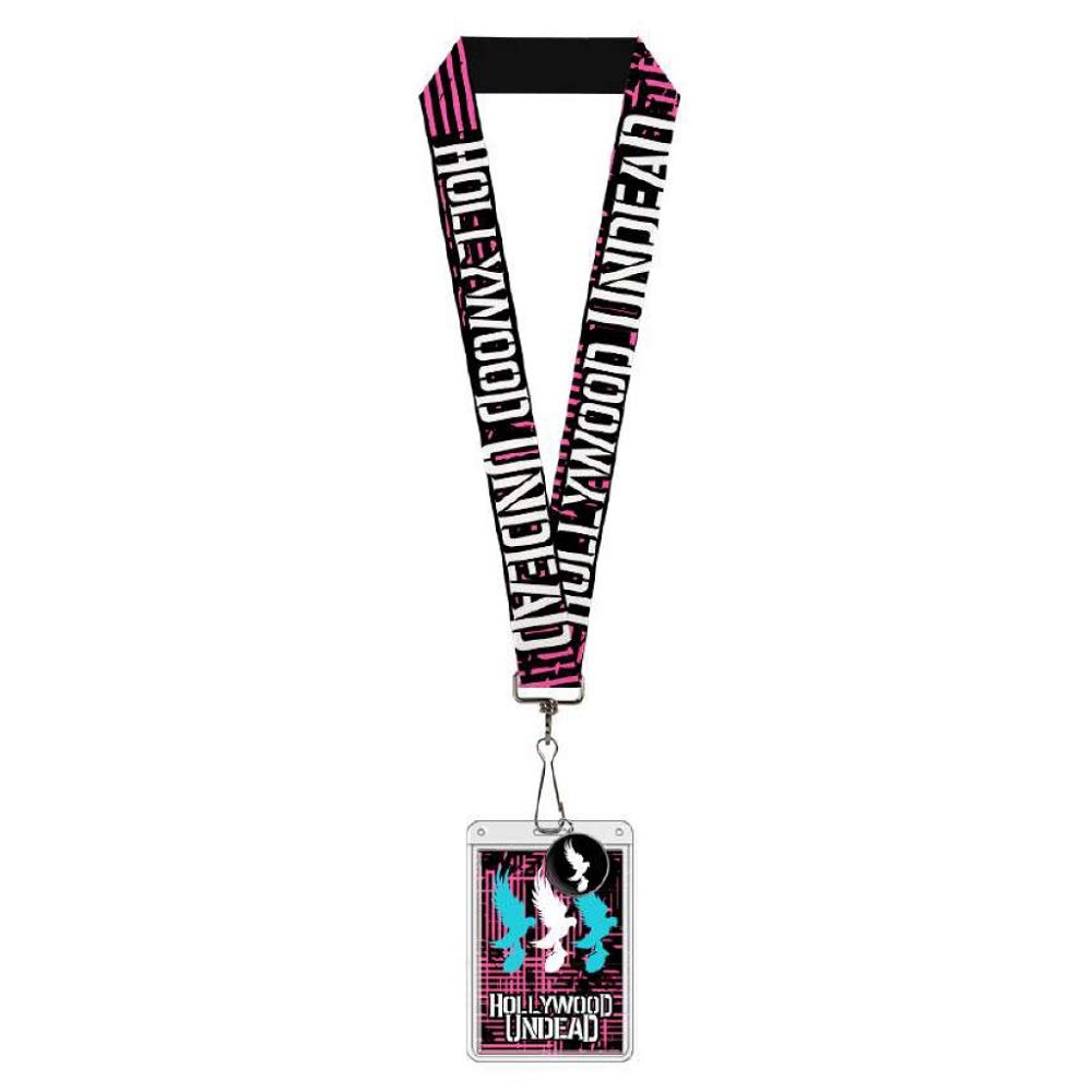 Buckle-DownLanyard Badge Holder with Charm Hollywood Undead Text Logo Striping Black Pink White