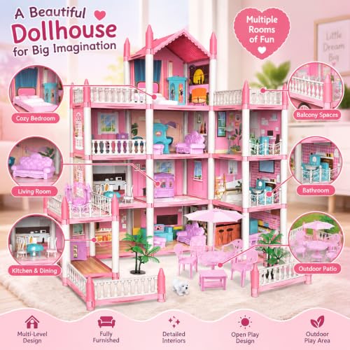 Image of Doll House for Girls 3+ Years, Large Multi-Level Pink Dollhouse with Furniture, Balconies, Rooms, Patio & Pretend Play Accessories, Dream House Toy