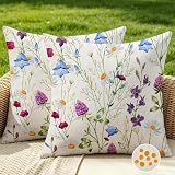 Cozslum Outdoor Kissen Kissenbezug 45x45 Wasserfest Kissenhülle Frühling Sommer Blume Lila Blau Botanische Sofakissen Dekokissen Dekorative Kissenbezüge Zierkissenbezug für Sofa Couch Garten 2er Set