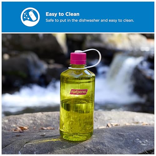 Image of Nalgene 32 oz Narrow Mouth Water Bottle | BPA-Free, Durable & Leak Proof, Lightweight for Hiking & Gym - Thrill & Motion, Endive w /Fuschia Purple