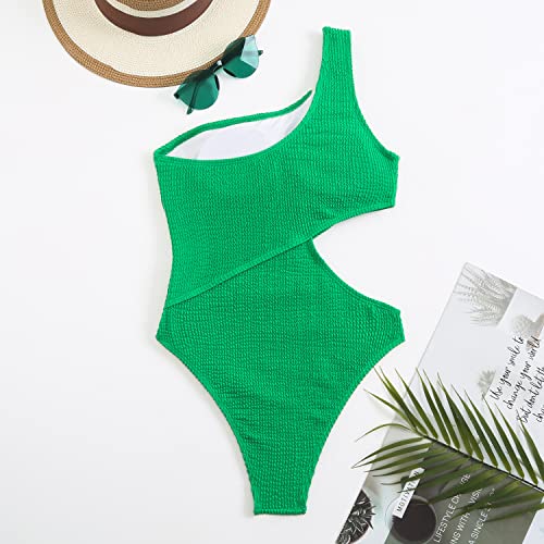 Inadays Women's One Piece Swimsuit One-Shoulder Swimwear Waist Cutout Swimsuit Green #TOP5