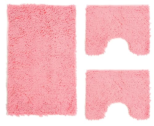 Poligono Juego de Alfombrillas de baño 3 Piezas de Microfibra, Alfombra de Pelo Largo 50 x 80 cm, 2 Alfombrillas para Inodoro y al Agua, Forma Rectangular, 40 x 50 cm, Suave, Antideslizante, Rosa