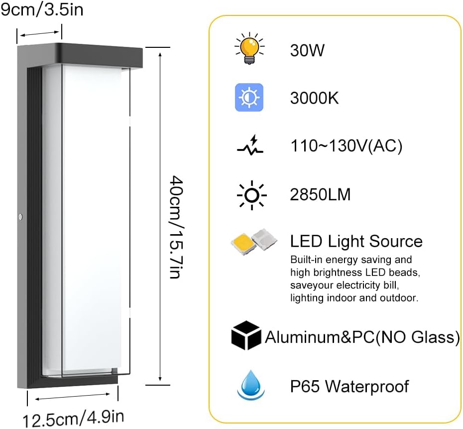 Sytmhoe Modern 2Pack Outdoor Wall Light Fixture,16in 10%-100% Dimming LED Porch&Patio Wall Light Fixture,3000K Black Exterior Sconce Light Mounted for House Garage Porch Courtyard(2Packs)
