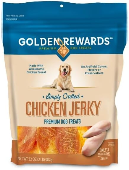Golden~Rewards Chicken Jerky Dog Treats ~ 32 Oz Bag ~ Made with Wholesome Chicken Breast, Low Fat, Grain-Free, No Artificial Colors or Preservatives, Premium High-Protein Snack for Dogs ~ (1 Pack)