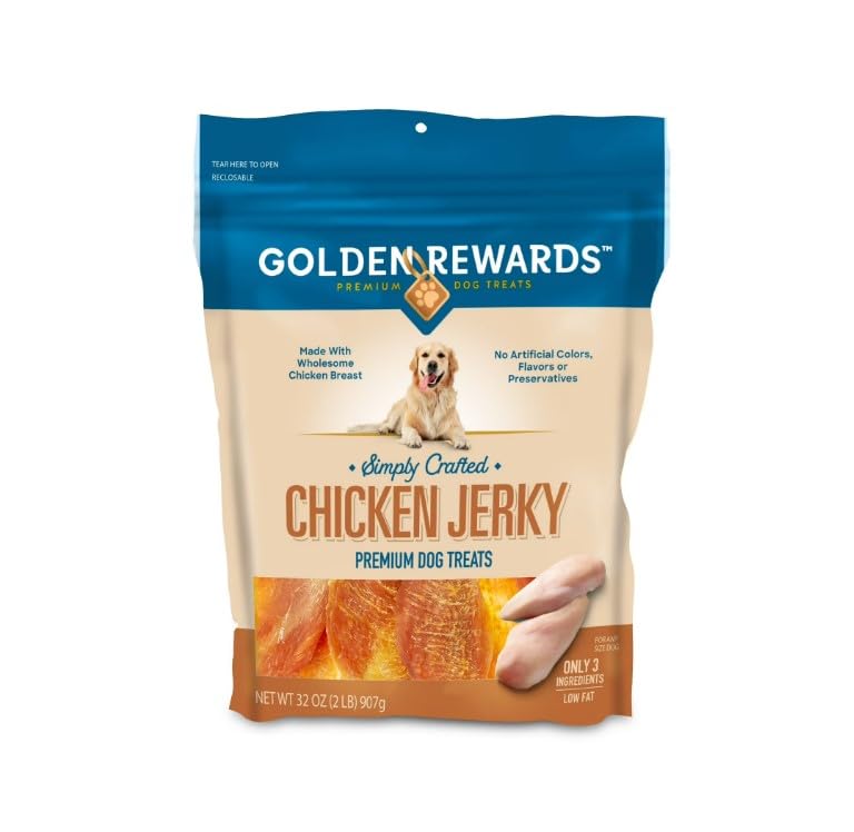 Golden~Rewards Chicken Jerky Dog Treats ~ 32 Oz Bag ~ Made with Wholesome Chicken Breast Low Fat Grain-Free No Artificial Colors or Preservatives Premium High-Protein Snack for Dogs ~ (1 Pack)