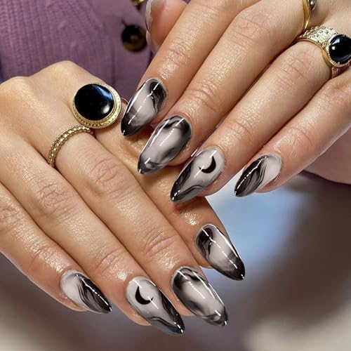 VOTACOS Black French Tip Press on Nails Almond Medium White Acrylic Fake Nails Press Ons with Designs Ink Painting Glue on Nail for Women 24PCS Moon Glossy Reusable Artificial Stick on False Nail — view 6