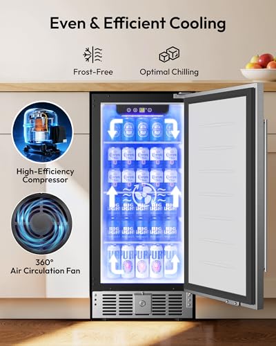 Image of EUHOMY 15 Inch Under Counter Beverage Refrigerator, 127 Can Beverage Fridge with Stainless Steel Door, Beverage Cooler Built-in, Drink Fridge for Soda Beer and Wine