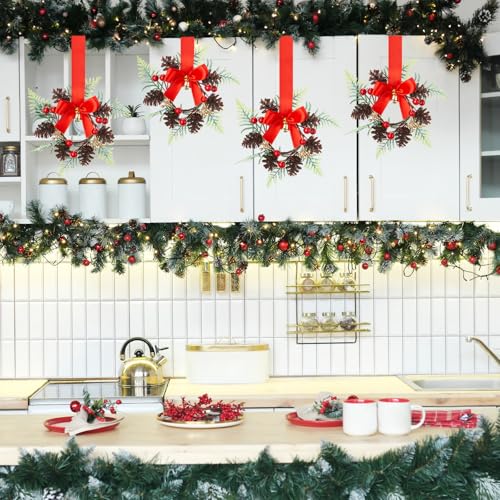 Janinka 8 Pcs Mini Christmas Wreath Small Cabinet Wreaths for Kitchen with Pine Berry Ribbon Bow Mini Christmas Farmhouse Decor for Holiday Xmas Party Porch Wall Window Door 7.87"(Pinecone Style) by Janinka - Image 4