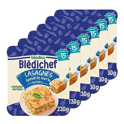 Blédina - Blédichef - Repas bébé 15 mois - 6 plats lasagnes épinards merlu - Poisson sauvage - Faible teneur en sel - Dès 15 Mois - 6 Assiettes de 230g