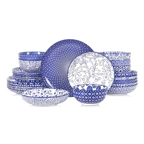 Image of Selamica Ceramic Plates and Bowls Sets,24 Pieces Dinnerware Sets for 6,Scratch Resistant Dish Set for holiday gathering, Dishwasher & Microwave Safe, Vintage Blue