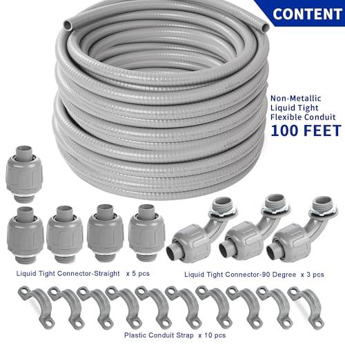 (1/2" Dia * 100 Feet) Yariwiz Flexible Electrical Conduit Liquid Tight PVC Conduit Kit with 5 PCS Coupling, 3 PCS Elbow and 10 PCS Strap, Sealtight Seal Flex Liquidtight Wire Outdoor Non Metallic Grey