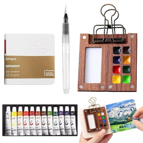 Image of Mini Wooden Watercolor Palette Travel Kit with 8 Grid Empty Paint Box 58 Sheets Sketchbook Watercolor Journal Water Brush Pen Metal Clip and 12 Color Pigment Tubes Portable Air Pocket Art Supply Set