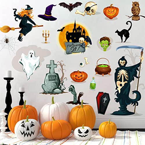 Halloween Skeleton Wall Decals, Peel And Stick Vinyl Wall Decor, Cemetery Cats Ghost Witch And Bats Wall Decals Pumpkins Spooky Skeleton Window Clings For Living Room Halloween Party Decoration #TOP4