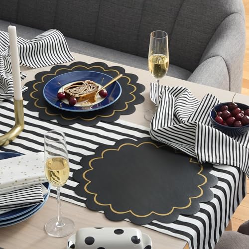 Image of kate spade new york Scallop Edge Round Reversible Placemats 6-Pack Set, Imitation Leather with Metallic Print, Water Resistant, Easy Wipe Clean, Black /Gold, 15 inch Round