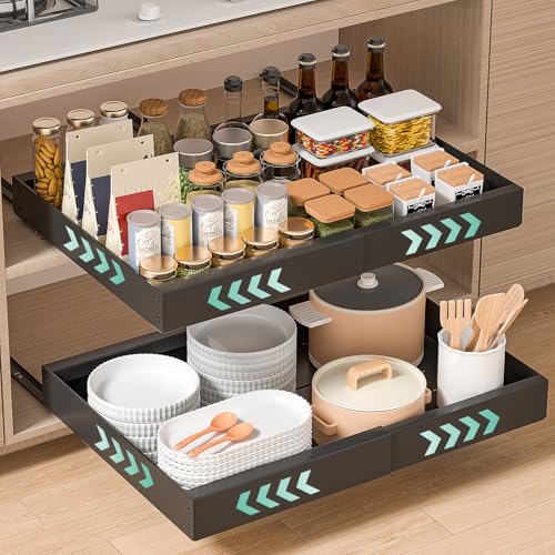 PNNP Lot de 2 Tiroir Coulissant Cuisine Adhesif: Rangement Coulissant Placard Cuisine 52cm profondeur - Plateau Coulissant à Largeur Réglable (32-53 cm) -...