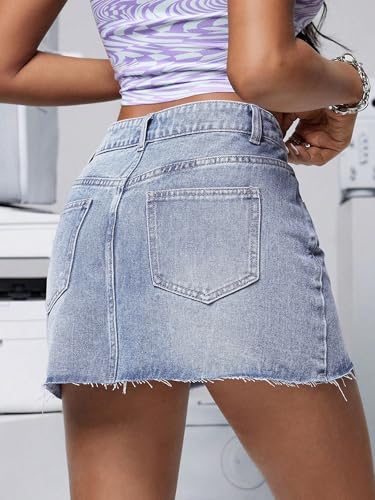 ELLEVEN Denim Skirt Women Mini Low Waist Stretchy Raw Hem Jean Skirt with Pockets - Image 3