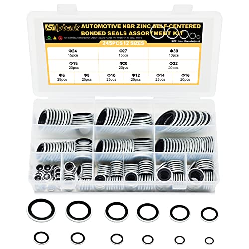 Siptenk S-TH-XJ-004 245 Pcs Automotive Self-Centered Bonded Sealing Gasket Assortment Zinc-Plated Metal Nbr Dowty Sealing Washers O Ring Kit Set 12 Sizes M6 M8 M10 M12 M14 M16 M18 M20 M22 M24 M27 M30 cover