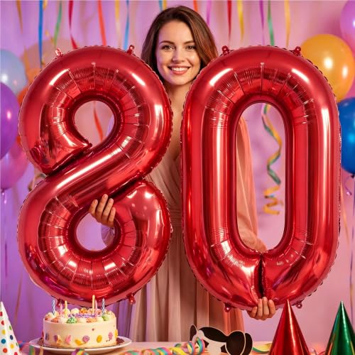 Image of Number Balloons Red Party Balloon - 40 Inch Large Number 80 Balloon, Numbers Balloon Birthday Decorations, Red Party Supplies for Anniversary