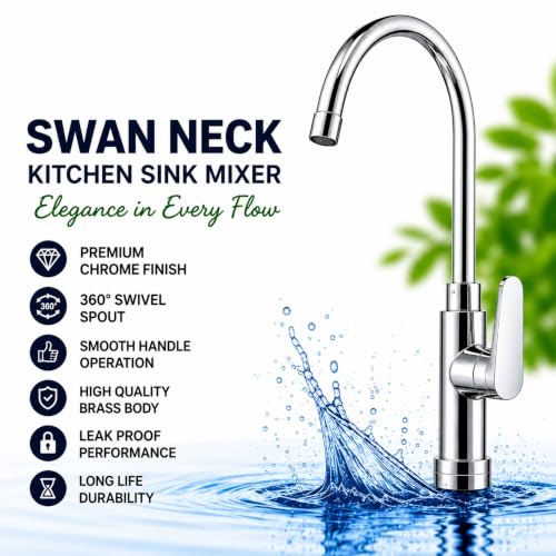Image of Tap Swan Neck with 360 Degree Rotation, Single Lever Kitchen Sink Faucet, Flexible Gooseneck Water Tap, Chrome Finish, Mixer Tap for Kitchen Sink | Modern Design Taps | Wash Basin Tap | Pillar Tap
