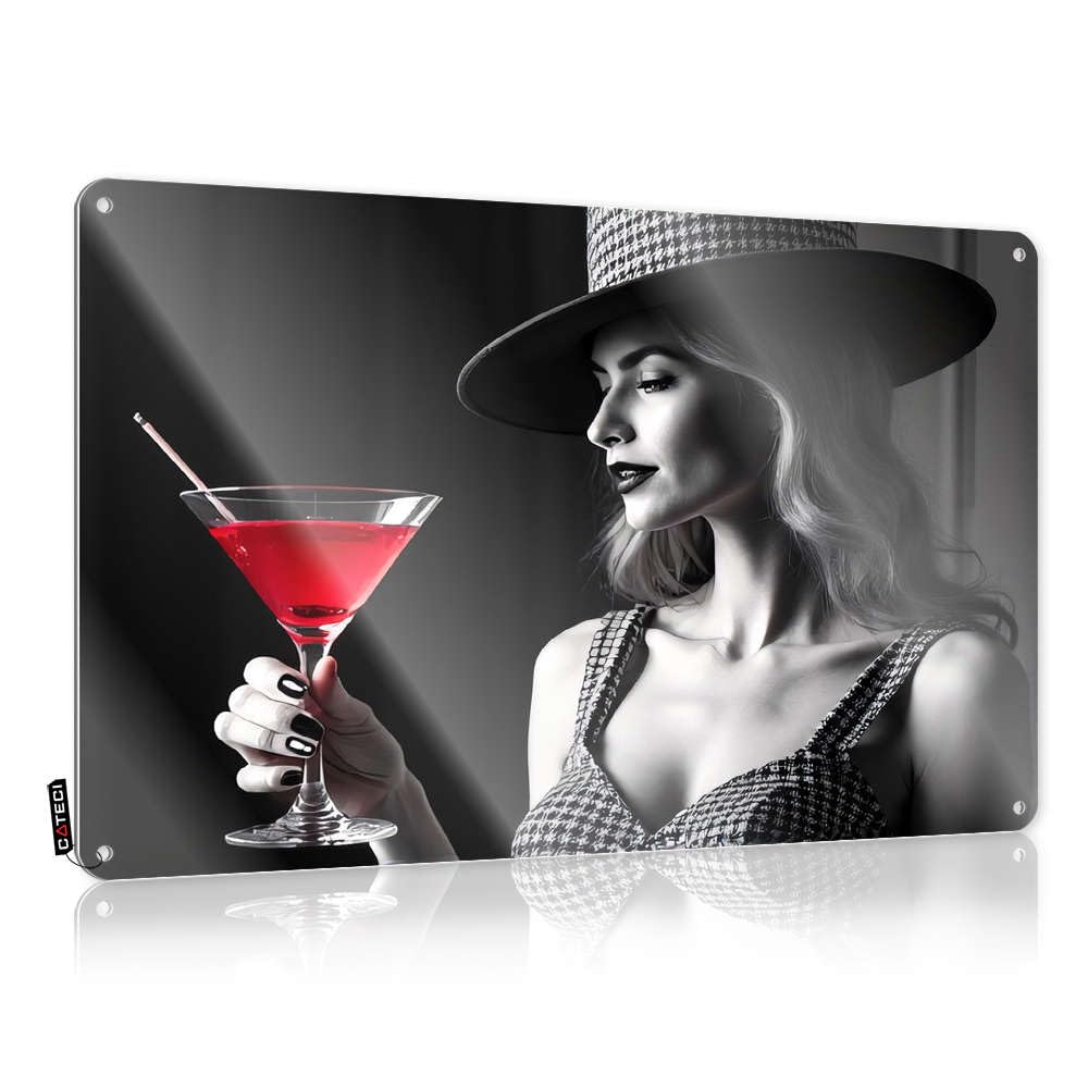 Fzfn Colour Emo Tiki Bar Tin Sign - A Stylish Woman In A Hat Holding A Red Cocktail Reusable Rustic Wall Hanging(30X40cm)