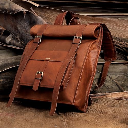 cuero Handmade Genuine Vintage Leather Backpack for Men Camping Travel Rucksack Bag Full Grain Goat Leather Casual Laptop Work Backpack For Men and Women Roll Top Backpack Brown4