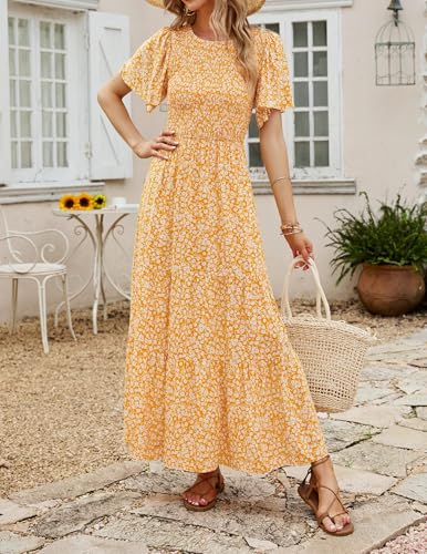 Image of ZESICA Women's 2026 Summer Boho Floral Maxi Dresses Casual Short Flutter Sleeve Smocked Tiered Flowy Dress