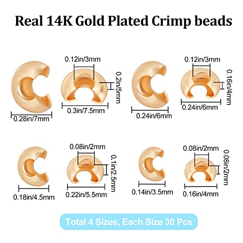 Beebeecraft 120Pcs 4 Size Crimp Bead Covers 18K Gold Plated Brass Half Round Open Crimp Beads End Tip 4mm/5.5mm/6mm/7.5mm for Jewellery Makings - Image 2