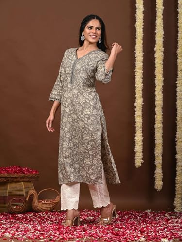 Image of Rimeline Women's Cotton Printed Kurta with Lace Trim Neckline | Straight Fit Ethnic Wear for Office, Casual & Daily Use