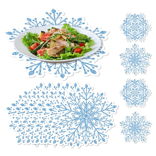 24 Stück Blau Weihnachten Platzset Papier Schneeflocken Deko,...