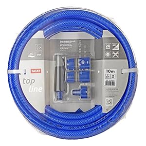 TATAY Gartenschlauch-Set Blue Line 10 Meter Ø5/8" 15mm, 3 Schichten, Made in Spanien, Widerstandsfähigkeit 28 bar und +60°/-20°, Geflochten, Cadmium- und bleifrei, BPA-frei, Anti-UV. Farbe Blau