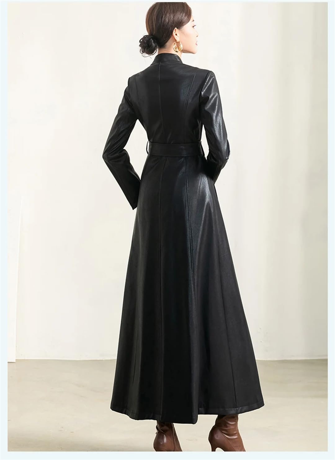 Damen-Mantel für Frühling, Herbst, langärmelig, einreihig, lang, schwarz, Kunstleder, mit Gürtel