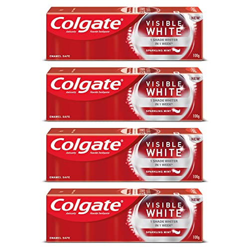 Image of Colgate Visible White Teeth Whitening Toothpaste, Pack Of 400G (100G X 4) & Plax Fresh Tea Mouthwash, 0% Alcohol - 500 Ml