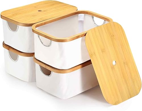 Maxcheck Paquete de 4 contenedores de almacenamiento con asas extraíbles de tapa de bambú, plegables de lona con tapa, contenedor decorativo