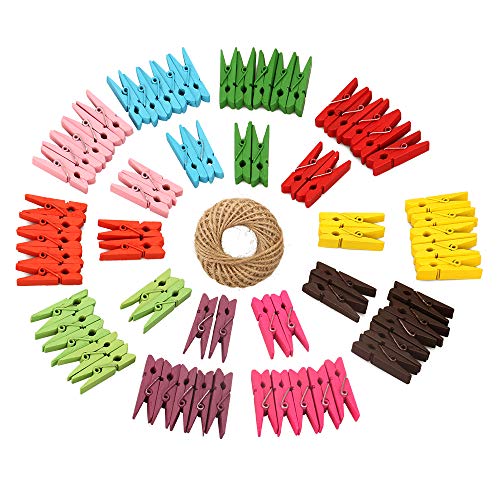 Colored Clothespins100Pcs Mini Wooden Clips and 100 Feet Natural Jute Twine35CM Wooden Clothespins for Hanging Photo DIY Handmade Craft