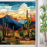 Sunset Cactus Scene Privacy Window Film, Vintage Desert Mountains Frosted Self-Adhesive Vinyl Cling for Glass Doors Bathroom Windows Sun Blocking Heat Control, 27.6Wx39.4L inch
