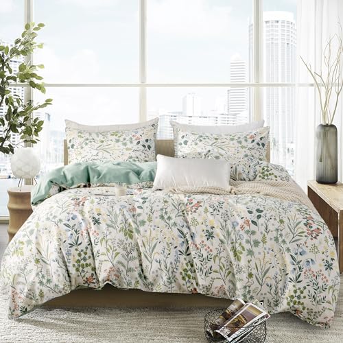 King Size Duvet Cover 100% Brushed Microfiber 3 Pieces Fresh Garden Green Wildflower Botanical Floral Pattern Printed Duvet Cover King with Zipper Closure