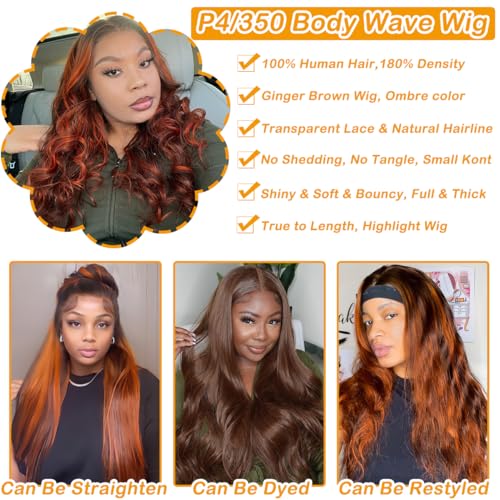 Image of LAINSS P4 /350 Ginger Orange and Brown Colored Body Wave Lace Front Wigs Human Hair 13x4 Highlight HD Lace Front Wig Human Hair Pre Plucked for Black Women 180% Density Glueless Wig 32Inch