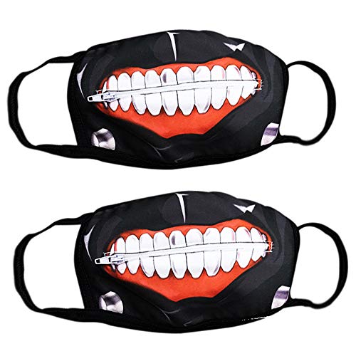 MIUNIKO 2-Piece Boy Girls Anime Tokyo Ghoul Kaneki Ken Teeth Face Mask Outdoor Cosplay Props Halloween Accessories Set (with Zipper)